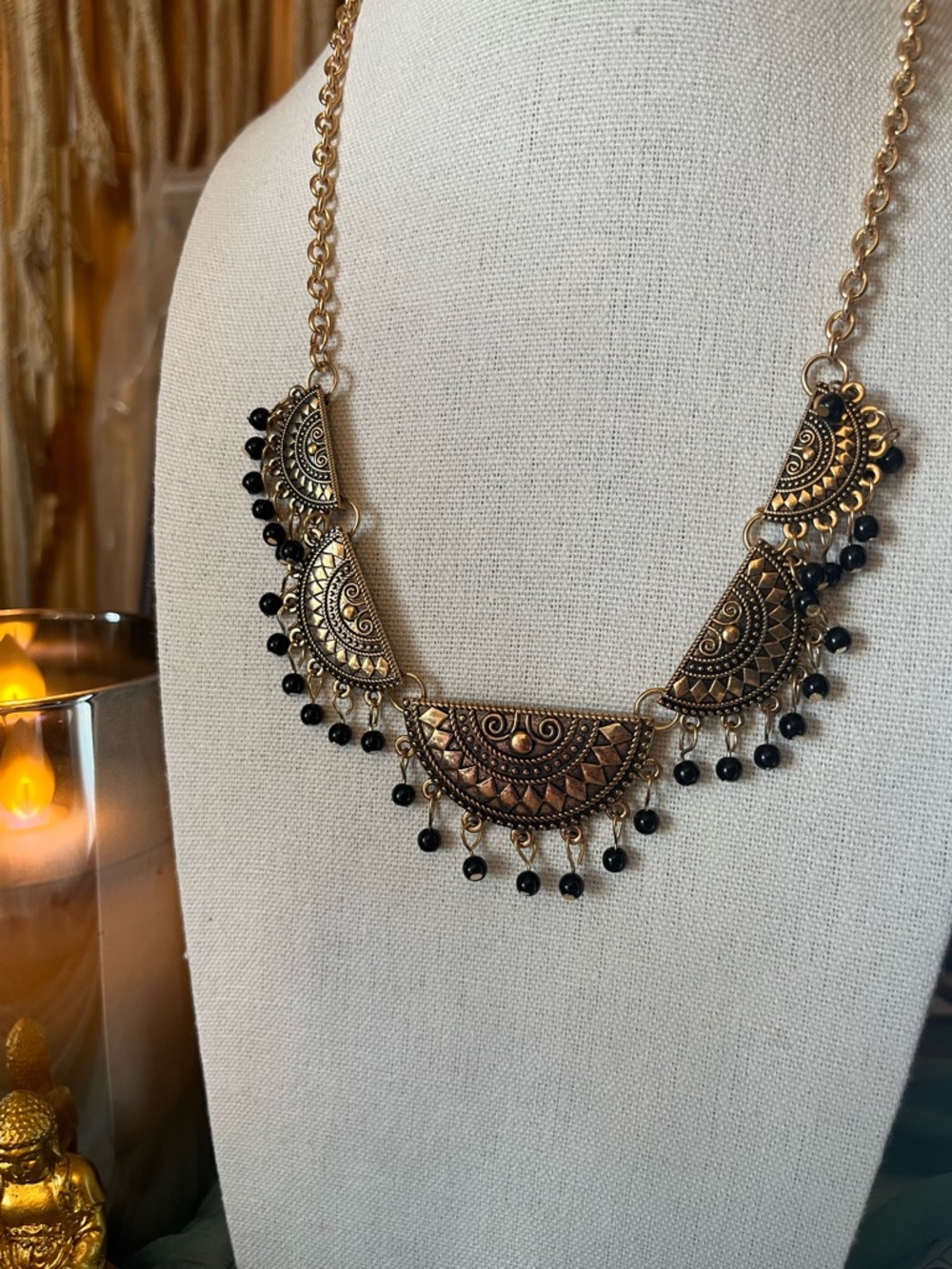 Gold-Tone Boho Statement Necklace with Black Beads